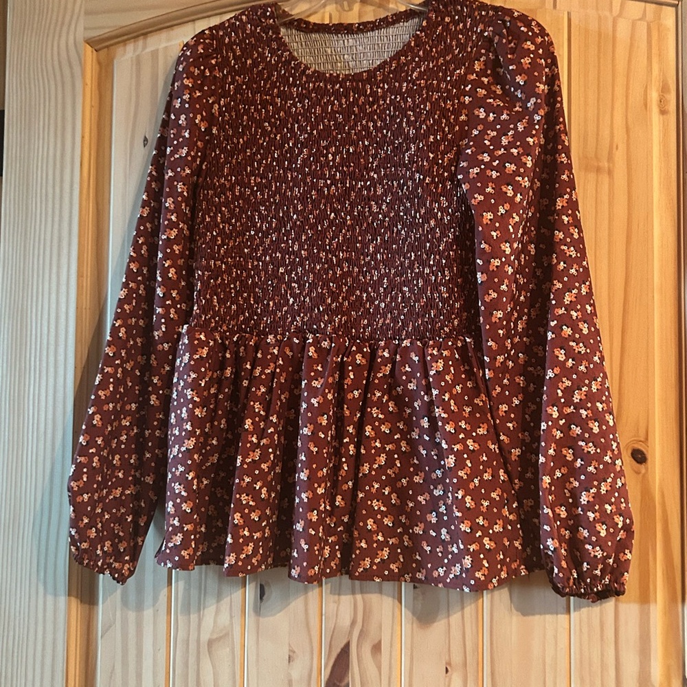 Baby Doll style Floral Smocked Burgundy & Brown Medium Top